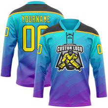 Laden Sie das Bild in den Galerie-Viewer, Custom Lakes Blue Light Yellow Purple Gold-Black 3D Pattern Abstract Gradient Halftone Hockey Lace Neck Jersey
