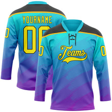 Laden Sie das Bild in den Galerie-Viewer, Custom Lakes Blue Light Yellow Purple Gold-Black 3D Pattern Abstract Gradient Halftone Hockey Lace Neck Jersey
