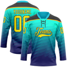 Load image into Gallery viewer, Custom Green Light Yellow Blue Black-Gold 3D Pattern Abstract Gradient Halftone Hockey Lace Neck Jersey
