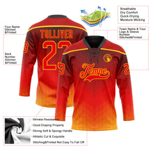 Load image into Gallery viewer, Custom Red Fire Red Gold-Black 3D Pattern Abstract Gradient Halftone Hockey Lace Neck Jersey
