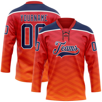Custom Red Navy Yellow-White 3D Pattern Abstract Gradient Halftone Hockey Lace Neck Jersey