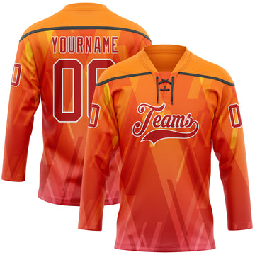 Custom Bay Orange Red Black-White 3D Pattern Abstract Gradient Halftone Hockey Lace Neck Jersey