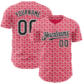 Custom Neon Pink Black-White Valentine's Day Love Heart Authentic Baseball Jersey