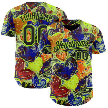 Custom Black Neon Green Valentine's Day Love Heart Authentic Baseball Jersey
