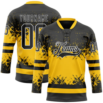 Custom Black Yellow-White 3D Pattern Abstract Splatter Paint Hockey Lace Neck Jersey