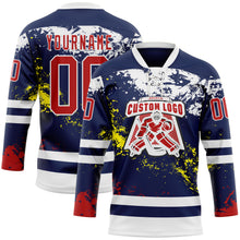 Load image into Gallery viewer, Custom Navy Red Yellow-White 3D Pattern Abstract Splatter Paint Hockey Lace Neck Jersey
