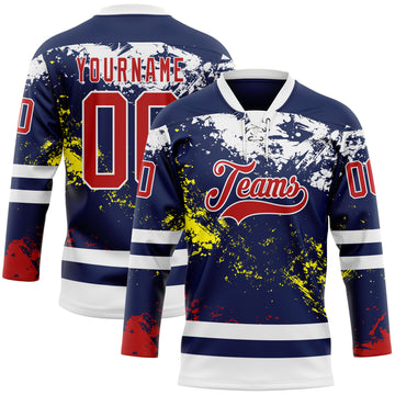 Custom Navy Red Yellow-White 3D Pattern Abstract Splatter Paint Hockey Lace Neck Jersey