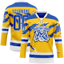 Load image into Gallery viewer, Custom Yellow Thunder Blue-White 3D Pattern Abstract Splatter Paint Torn Paper Style Hockey Lace Neck Jersey
