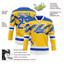 Load image into Gallery viewer, Custom Yellow Thunder Blue-White 3D Pattern Abstract Splatter Paint Torn Paper Style Hockey Lace Neck Jersey
