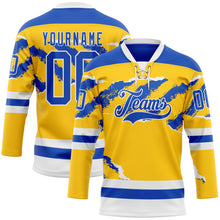 Load image into Gallery viewer, Custom Yellow Thunder Blue-White 3D Pattern Abstract Splatter Paint Torn Paper Style Hockey Lace Neck Jersey
