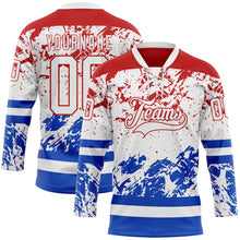 Load image into Gallery viewer, Custom White Red-Thunder Blue 3D Pattern Abstract Splatter Paint Hockey Lace Neck Jersey
