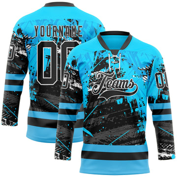 Custom Blue Black-White 3D Pattern Abstract Splatter Paint Grunge Hockey Lace Neck Jersey