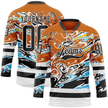 Load image into Gallery viewer, Custom Texas Orange Black Blue Yellow-White 3D Pattern Abstract Splatter Paint Hockey Lace Neck Jersey
