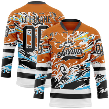 Custom Texas Orange Black Blue Yellow-White 3D Pattern Abstract Splatter Paint Hockey Lace Neck Jersey