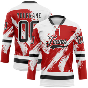 Custom White Black-Red 3D Pattern Abstract Splatter Paint Hockey Lace Neck Jersey
