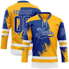 Load image into Gallery viewer, Custom Gold Royal-White 3D Pattern Abstract Splatter Paint Hockey Lace Neck Jersey
