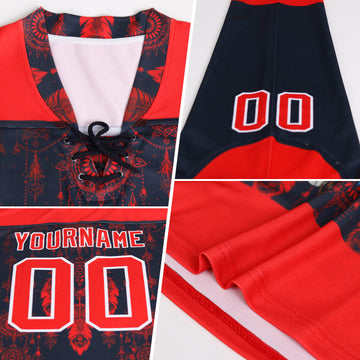 Custom Navy Red-White 3D Pattern Abstract Splatter Paint Hockey Lace Neck Jersey