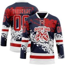 Load image into Gallery viewer, Custom Navy Red-White 3D Pattern Abstract Splatter Paint Hockey Lace Neck Jersey
