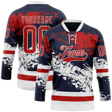 Load image into Gallery viewer, Custom Navy Red-White 3D Pattern Abstract Splatter Paint Hockey Lace Neck Jersey
