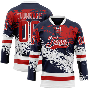Custom Navy Red-White 3D Pattern Abstract Splatter Paint Hockey Lace Neck Jersey