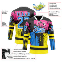 Load image into Gallery viewer, Custom Black Powder Blue Pink Yellow-White 3D Pattern Abstract Splatter Paint Hockey Lace Neck Jersey
