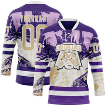 Load image into Gallery viewer, Custom Purple Vegas Gold-White 3D Pattern Abstract Splatter Paint Hockey Lace Neck Jersey
