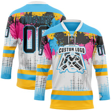 Load image into Gallery viewer, Custom White Black Sky Blue Pink-Gold 3D Pattern Abstract Splatter Paint Hockey Lace Neck Jersey
