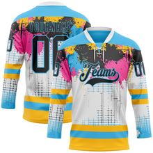 Load image into Gallery viewer, Custom White Black Sky Blue Pink-Gold 3D Pattern Abstract Splatter Paint Hockey Lace Neck Jersey
