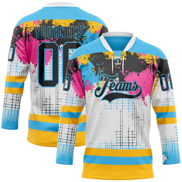Custom White Black Sky Blue Pink-Gold 3D Pattern Abstract Splatter Paint Hockey Lace Neck Jersey