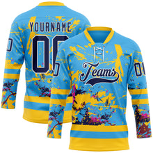 Load image into Gallery viewer, Custom Sky Blue Navy Yellow Red-White 3D Pattern Abstract Splatter Paint Hockey Lace Neck Jersey
