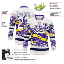 Load image into Gallery viewer, Custom White Purple Yellow-Navy 3D Pattern Abstract Splatter Paint Grunge Hockey Lace Neck Jersey
