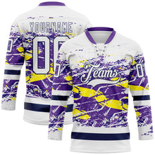 Load image into Gallery viewer, Custom White Purple Yellow-Navy 3D Pattern Abstract Splatter Paint Grunge Hockey Lace Neck Jersey

