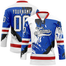 Load image into Gallery viewer, Custom White Thunder Blue Red-Black 3D Pattern Abstract Splatter Paint Hockey Lace Neck Jersey
