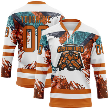 Custom White Texas Orange Green-Black 3D Pattern Abstract Splatter Paint Hockey Lace Neck Jersey