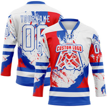 Laden Sie das Bild in den Galerie-Viewer, Custom White Thunder Blue-Red 3D Pattern Abstract Splatter Paint Hockey Lace Neck Jersey
