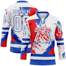 Load image into Gallery viewer, Custom White Thunder Blue-Red 3D Pattern Abstract Splatter Paint Hockey Lace Neck Jersey
