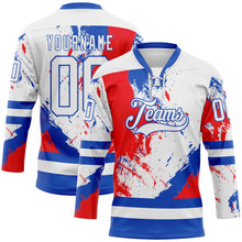 Load image into Gallery viewer, Custom White Thunder Blue-Red 3D Pattern Abstract Splatter Paint Hockey Lace Neck Jersey
