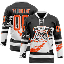 Load image into Gallery viewer, Custom Black Orange-White 3D Pattern Abstract Splatter Paint Hockey Lace Neck Jersey
