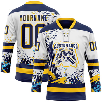 Custom White Navy-Yellow 3D Pattern Abstract Splatter Paint Hockey Lace Neck Jersey