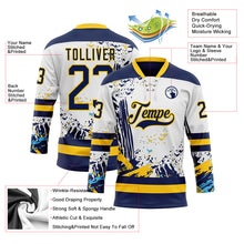 Load image into Gallery viewer, Custom White Navy-Yellow 3D Pattern Abstract Splatter Paint Hockey Lace Neck Jersey
