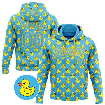 Custom Stitched Sky Blue Yellow 3D Pattern Design Animal Duck Sports Pullover Sweatshirt Hoodie