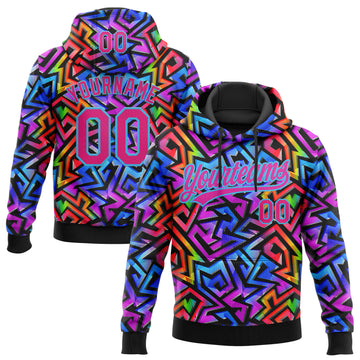 Custom Stitched Graffiti Pattern Hot Pink-Sky Blue 3D Abstract Geometric Sports Pullover Sweatshirt Hoodie