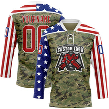Загрузить изображение в средство просмотра галереи, Custom Camo Red Royal-White American Flag Camouflage Hockey Lace Neck Jersey
