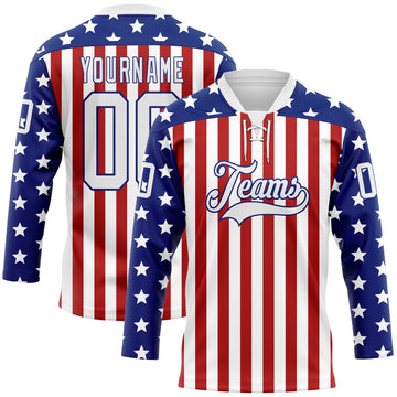 Custom White Red-Royal American Flag Hockey Lace Neck Jersey