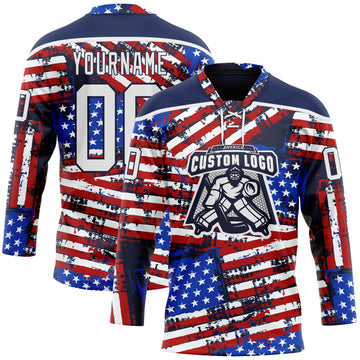 Custom Navy White Red-Royal American Flag Grunge Hockey Lace Neck Jersey