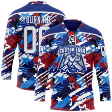 Charger l'image dans la galerie, Custom Royal White-Red American Flag Hockey Lace Neck Jersey
