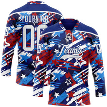 Charger l'image dans la galerie, Custom Royal White-Red American Flag Hockey Lace Neck Jersey
