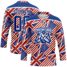 Charger l'image dans la galerie, Custom Royal Red Cream-White American Flag Grunge Hockey Lace Neck Jersey
