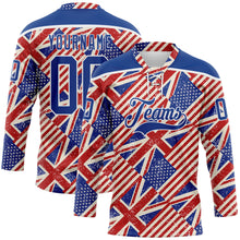 Charger l'image dans la galerie, Custom Royal Red Cream-White American Flag Grunge Hockey Lace Neck Jersey
