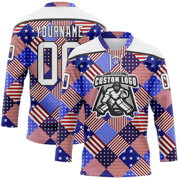 Custom White Royal Red-Black American Flag Hockey Lace Neck Jersey